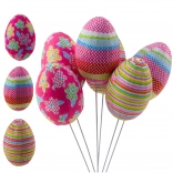 Veľkonočné dekoratívne vajíčka na tyčke s bodkami, kvetmi a prúžkami, sada 6 ks